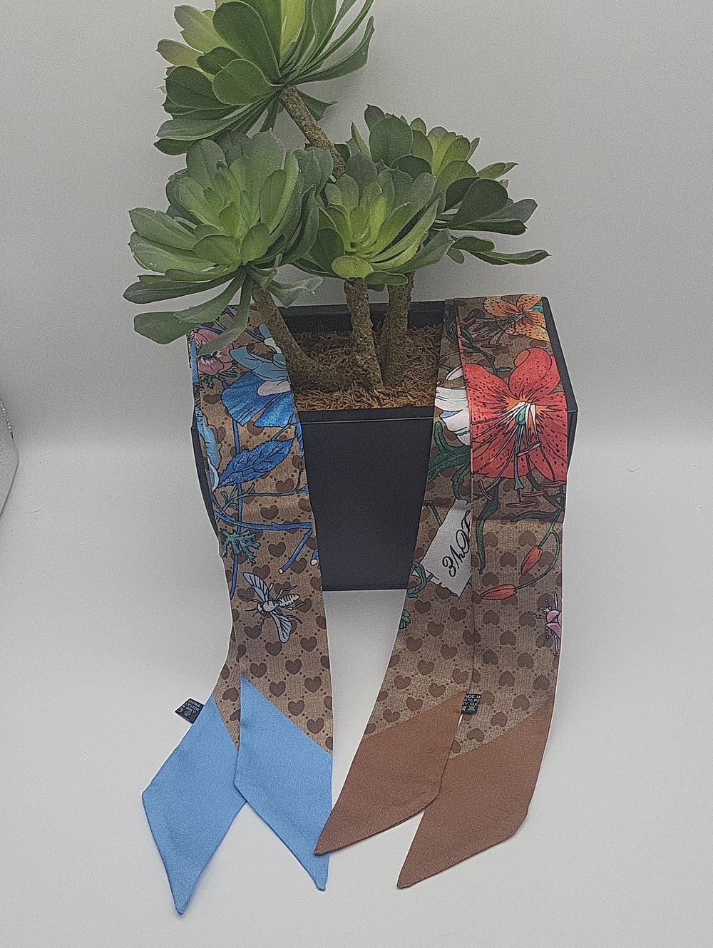 Twilly, Floral & Monogram Skinny Scarf - Blue/Brown